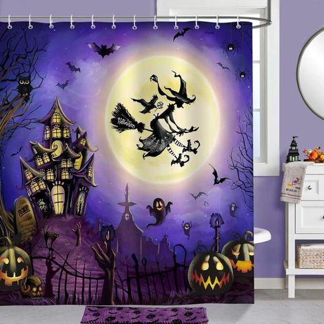 Halloween Shower Curtain Castle Moon Witch Bath Curtain Polyester Fabric Anti-Mold Waterproof Washable Bathroom Curtain 180 x 180 cm with 12 Hooks for Bathtub (1/5)