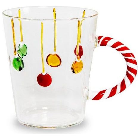 Mug in vetro borosilicato con manico candy cane e decoro palline di Natale 425 ml Trasparente e Rosso Wd Lifestyle