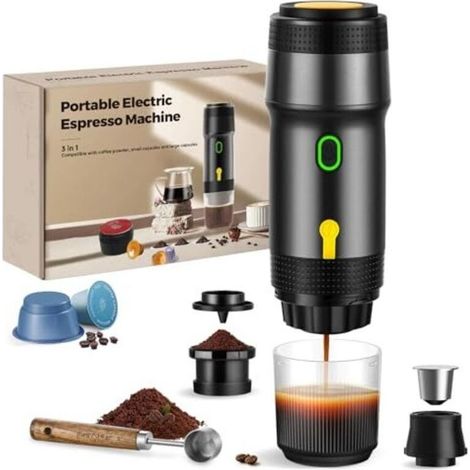 Cafetière portable 3 en 1, 20 bars, extraction à 92 °C, batterie 7500 mAh, chargement allume-cigare USB/12 V, machine à expresso pour capsules et café moulu (noir) (1/5)