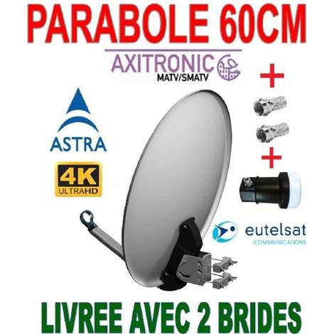 ANTENNE PARABOLE SATELLITE DIAMETRE 60 CM + LNB SINGLE + 2 FICHES F