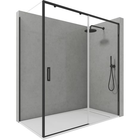 Mampara de Ducha Corredera Angular 1 Puerta + 2 Fijos con Cristal Templado 6 mm Antical Negro Mate 98,5-103 cm (Lado Puerta) + 67,5-70 cm (Fijo Lateral) x 195 cm (1/5)