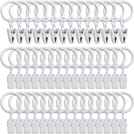 45 Gardinenringe mit Clips – Weiß, robuste Gardinenclips, Befestigungshaken für Spannstangen, dekorative Haken für Gardinen und Fensterrahmen mit Metallloch-Innendurchmesser