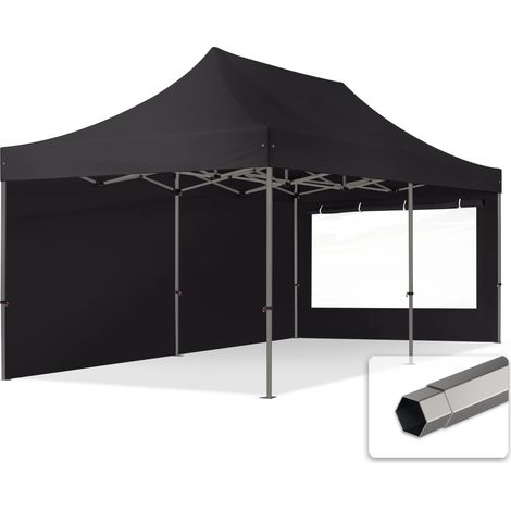 3x6 m Faltpavillon, PREMIUM Stahl 40mm, Seitenteile mit Panoramafenstern, schwarz