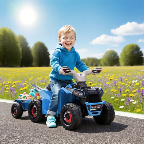 Quad électrique pour enfants avec remorque 6V, idéal pour les enfants de 18 à 36 mois. Vitesse : 2,5 km/h. 6 roues, bleu.