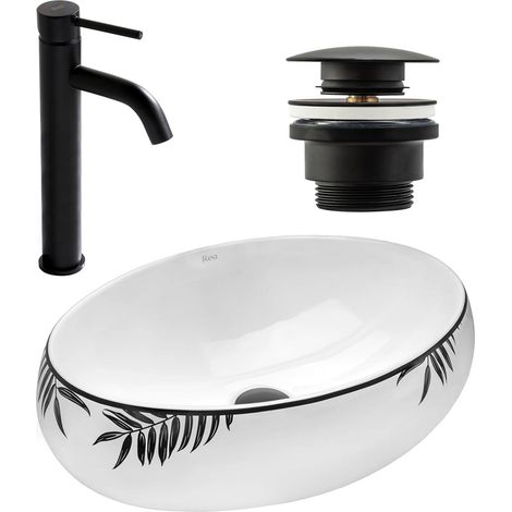 REA SET VON AUFSATZWASCHBECKEN SHILA + WASCHBECKENARMATUR LUNGO BLACK MATT + STÖPSEL BLACK MATT (1/5)
