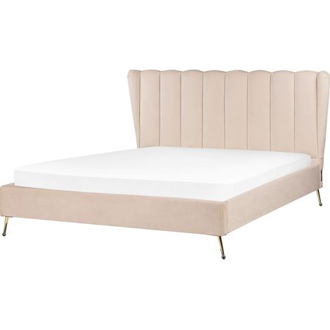 Letto matrimoniale velluto 160 x 200 cm Testata con porta USB Gambe in metallo dorato Beige Miribel