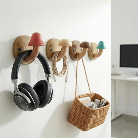 Lot de 4 jolis crochets muraux en bois à motif champignon, décoration cottagecore fantaisiste, crochets muraux robustes pour manteaux, parfaits pour le couloir et la salle de bain, avec 8 vis.