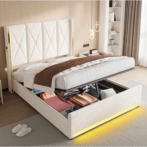 DESVIAE Lit coffre en velours beige avec tête de lit haute capitonnée, ports USB et Type C, éclairage LED, poches latérales et système hydraulique 160 x 200 cm (1/5)