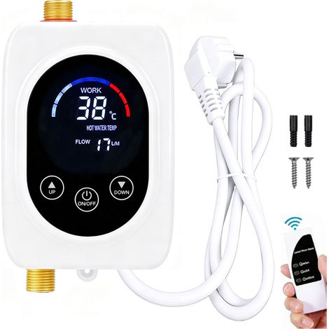 Chauffe-eau instantané 3.8 kW – Électrique 220V – Étanche IPX4 – Installation murale – Température réglable 28-55 °C, Télécommande pour Cuisine, Salle de Bain, Sous Évier (1/5)