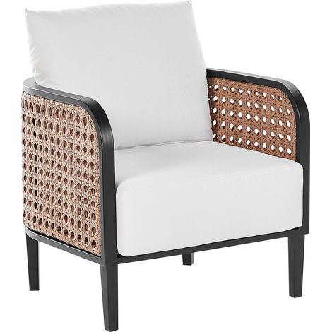 Fauteuil d'Extérieur en Aluminium Noir Coussins Épais Déperlants Blanc Cassé Dossier Tresse Viennoise Polyrotin Montefalco