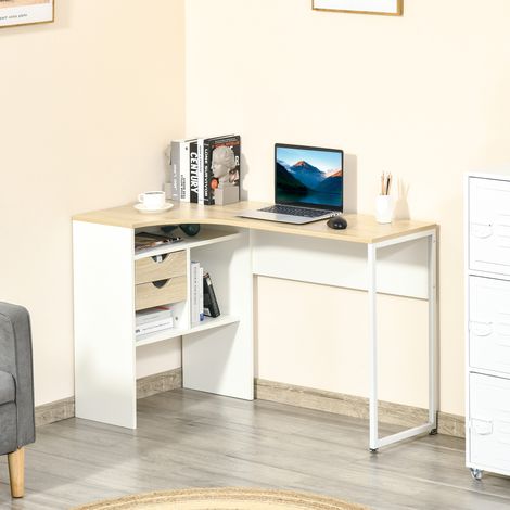 Eckschreibtisch mit 2 Schubladen, 120 x 60 cm, L-förmiger Schreibtisch mit 3 offenen Fächern, Computertisch zum Lernen, Arbeiten, Schlafzimmer, Zuhause, helle Eichenoptik