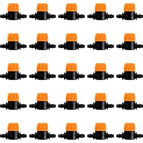 25 Stück 4/7-Bewässerungsventile, Mini-Steuerventile für 4/7-mm-Gartenschläuche, 1/4-Zoll-Rippenabsperrventile für Tropfbewässerungsschläuche, Mini-Wasserschlauch-Kreuzventil