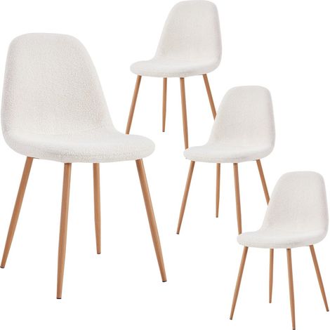 Altobuy – Lot de 4 chaises blanches en tissu bouclettes – Structure en contreplaqué et métal – Hauteur d'assise 47cm – Dimensions 50x44xH86cm (1/5)