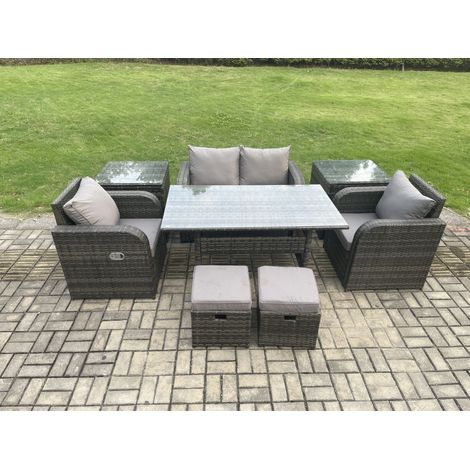 Fimous Rattan Gartenmöbel Set Rechteckiger Esstisch und Sessel Sofa Set mit 2 Beistelltischen 2 kleine Fußhockern Dunkelgrau gemischt (1/5)