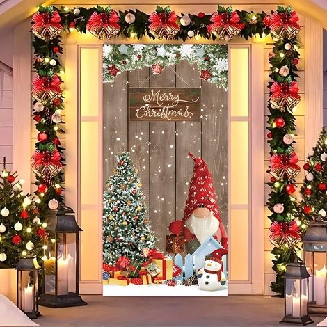 Rideau de porte de Noël 2026, bannière extérieure avec fond photo Père Noël et chien, décoration en tissu à suspendre - 90 x 180 cm (œillets + ruban) - 11