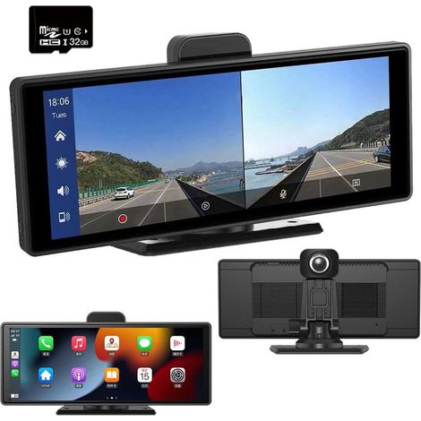 10-Zoll-Autoradio-Receiver, 1080P HD-Touchscreen, kabelloser Bluetooth-Multimedia-Player, Android Carplay, WiFi/AM/FM/Mirror Link für Android/iOS, Front-DVR/Hinten-AHD-Kamera mit 32 GB SD-Karte