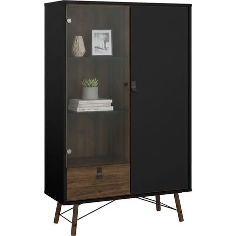 Dmora - Vetrina Mora, Credenza espositiva, Vetrinetta multiuso, Madia da soggiorno, 102x40 h162 cm, Nero e Noce