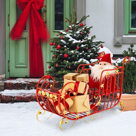 Goplus – Traîneau de Noël en métal rouge avec étoiles dorées – Grand espace de rangement pour cadeaux – Décoration intérieure et extérieure 99 x 36 x 61 cm (1/5)