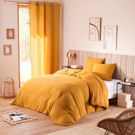 Pack Complet 4 pièces en Gaze de Coton 240 x 220 cm - jaune (1/5)