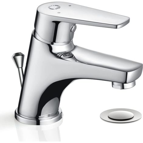 CECIPA Waschtischarmatur mit Zugstange Ablaufgarnitur Klein Wasserhahn Bad für Badezimmer, Gäste-WC Chrom Messing (1/5)
