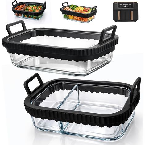 Lot de 2 plats à gratin Airfryer pour friteuse à air chaud Ninja AF400EU/DZ400EU/AF500EU/COSORI 2 chambres, accessoires en verre, sans BPA, anneau en silicone amovible