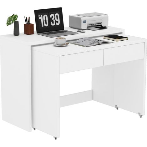 Bureau avec étagère + commode 2-en-1, bureau compact extensible, panneau bois épaisseur 1,8 cm, avec roulettes, combinaison flexible, bureau pliable (1/5)