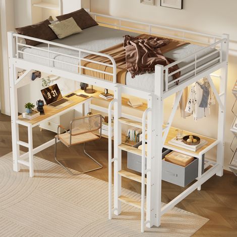 Lit mezzanine enfant 140x200cm en métal avec éclairage LED,port USB,bureau,panneau perforé,étagères,tiroir tissu,cadre de lit superposé double,Blanc (1/5)