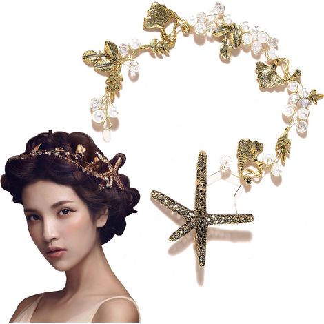 Serre-tête étoile de mer fait main pour femme, bandeau sirène, perles de cristal dorées et perles, bijou de cheveux, couronne, accessoires de coiffure pour mariée et mariage (1/5)