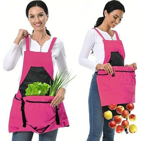 Tablier de jardin réglable, tablier de travail en toile avec poches, tablier de jardinage imperméable pour cuisine récolte horticole sac fruits légumes pour homme et femme, rose (1/5)