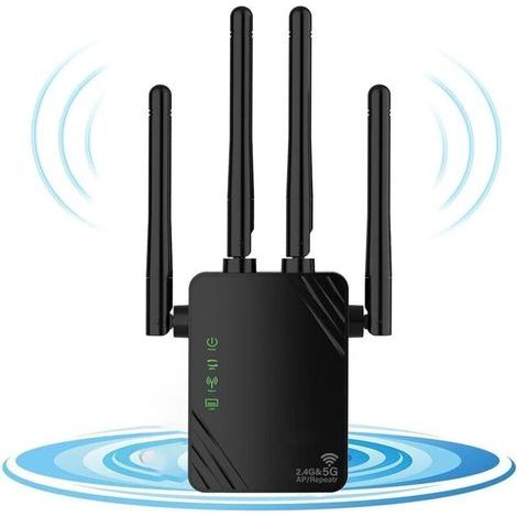 répéteur WiFi, Double Bande 2.4G / 5G 1200Mbps repeteur WiFi, amplificateur WiFi ,Couvrant jusqu'à 10 000 Pieds carrés, 2 Ports LAN pour la Maison et Le Bureau, Facile à Utiliser, Noir (1/4)