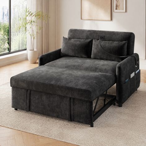 Divano letto 2 posti grigio con schienale regolabile, USB e portacellulare HAVRYA (1/5)