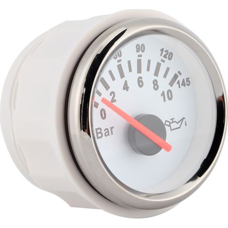 Manomètre de pression d'huile 2 pouces 0-10 bar, 145 psi, cadran rétroéclairé par LED, convient aux voitures, motos, bateaux et camions, 12V/24V, cadran blanc, lunette argentée. (1/5)