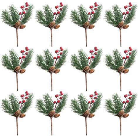 12 décorations de Noël artificielles en forme de baies rouges et de pommes de pin, avec branches de pin, pour guirlandes, couronnes et autres ornements