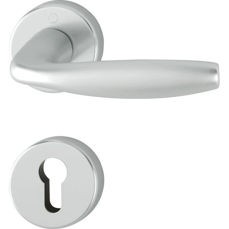 Poignée de porte avec rosace avec trou ovale, en aluminium anodisé argent (1/2)