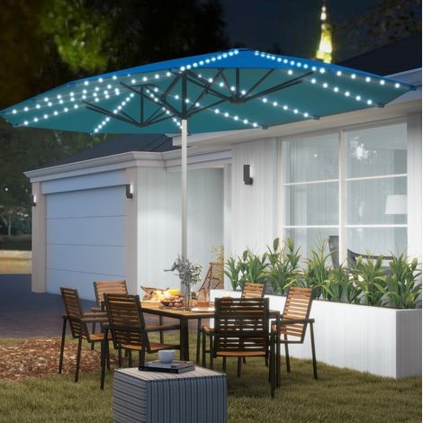Ombrellone doppio in alluminio blu con manovella, luci LED solari/USB, UPF 50+, con ventilazione antivento