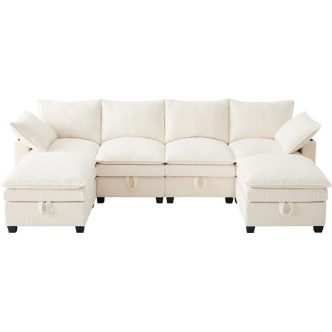 Canapé d'angle modulaire 6 places en tissu velours côtelé beige avec repose-pieds amovibles et rangements (1/5)