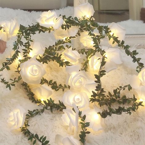 Rose guirlande lumineuse aux feuilles vertes,9,8ft 20LED blanc chaud fleurs de rotin lumières féériques,alimenté par pile lumières décoratives pour Anniversaire fête mariage vacances (1/5)
