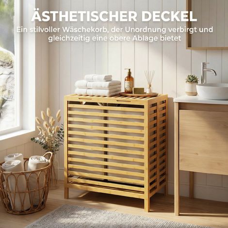 Panier à linge en bambou avec couvercle, 2 paniers pliables, 64L, naturel et blanc crème (1/4)