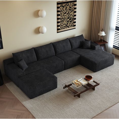 Divano angolare modulare 340 cm nero con chaise longue reversibile, in tessuto vellutato, senza montaggio