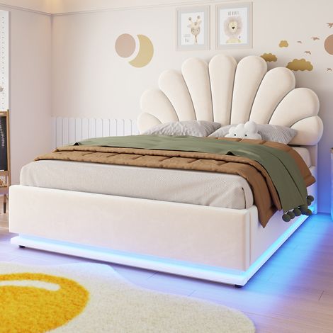 Lit coffre hydraulique 140x200cm avec led et tête de lit fleur - velours - beige (1/5)