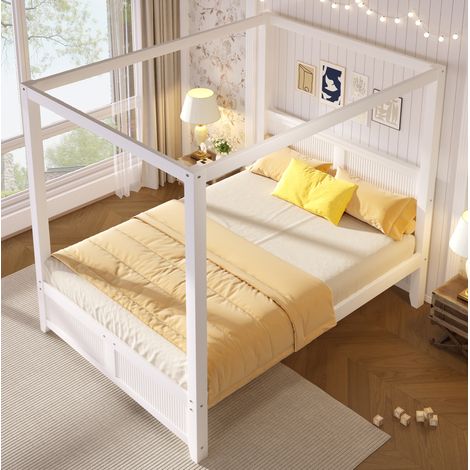 Letto a baldacchino 140x200 cm bianco in legno e MDF con testiera e pediera a doghe (1/5)