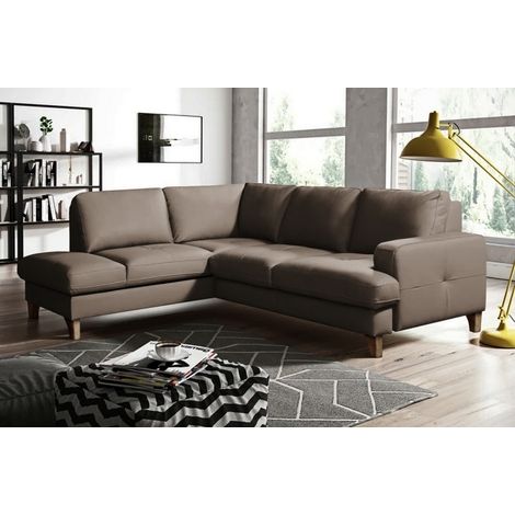 Canapé d'angle convertible en cuir italien de luxe 4/5 places avec coffre, FARELI, taupe, angle gauche (1/5)