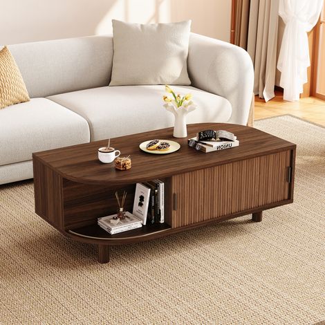 Walnuss-Optik 100x50x35 cm Couchtisch Wohnzimmertisch mit 2 Schiebetüren & Stauraum (1/5)