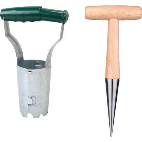 ManoMano Blumenzwiebelpflanzer – Pflanzgefäß aus Kohlenstoffstahl mit Holzgriff und Metalllöffel – Grün/Schwarz – 2-teiliges Set (1/5)