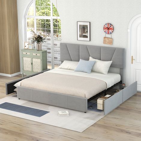 Lit double capitonné 160 x 200 cm - Avec 4 tiroirs, tête de lit réglable en hauteur, velours, -Lit adulte Beige (1/5)