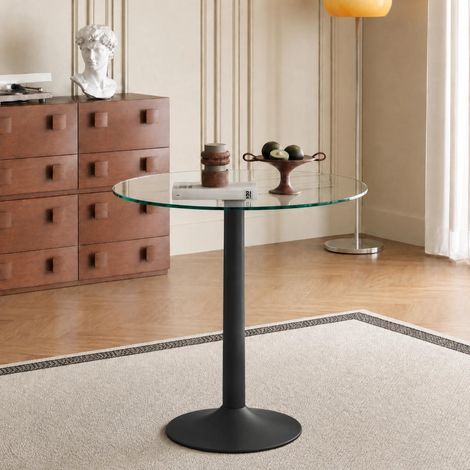 Table de Bar Ronde Haute Plateau Verre Trempé Ø 89 cm Mange Debout Base Métal Noir Hauteur 92 cm pour Cuisine Café (1/5)