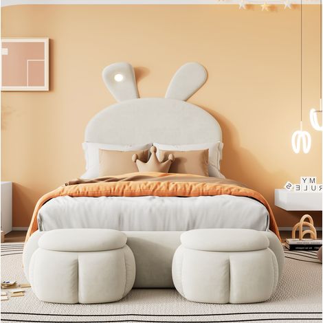 Letto imbottito 90x200 cm beige in velluto con LED e 2 pouf contenitore (1/4)