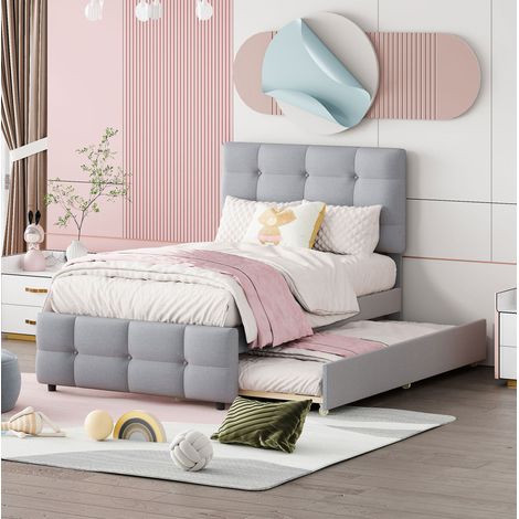 Letto per bambini rivestito in lino grigio, 90x200 cm, con letto estraibile, testiera regolabile e rete a doghe inclusi. (1/5)