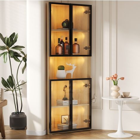 Vitrine LED d'angle 62 x 32 x 160 cm en MDF aspect chêne, portes en verre trempé, DESVIAE (1/5)