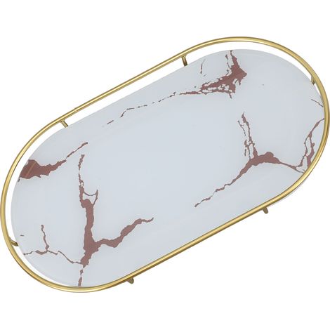 Mobiletto contenitore per bagno e lavabo, vassoio ellittico bianco con motivi dorati.